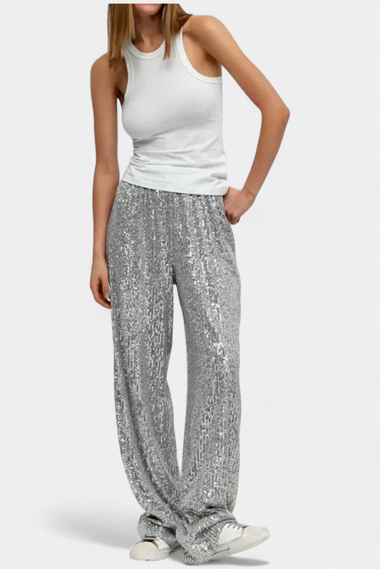 Pantalones de Lentejuelas de Cintura Alta Elva con Corte Relajado
