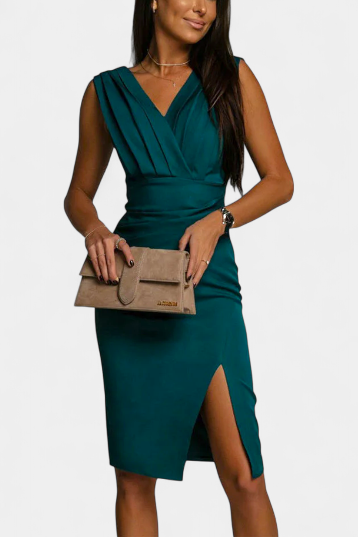 Vestido Elegante Ajustado Rosanna con Escote en V y Abertura Lateral