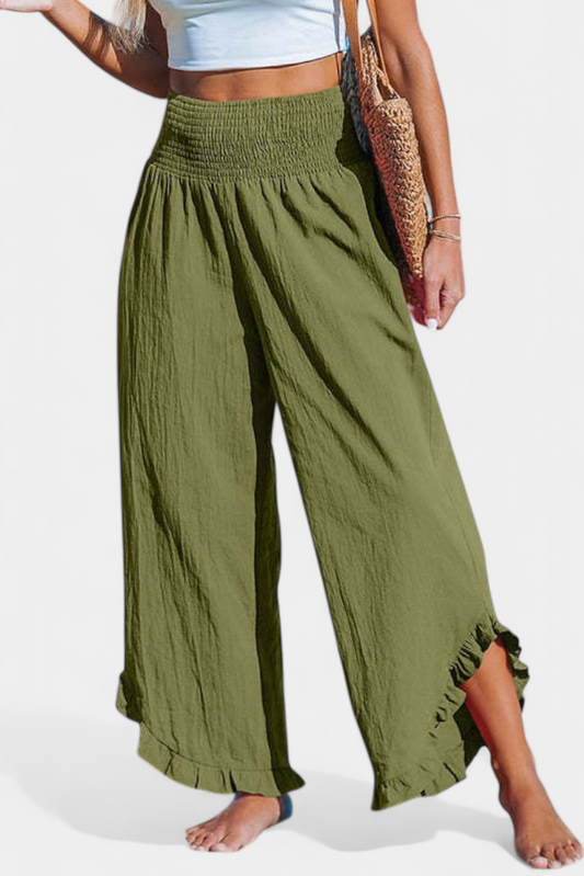 Pantalones Palazzo Justina con Volantes y Cintura Alta