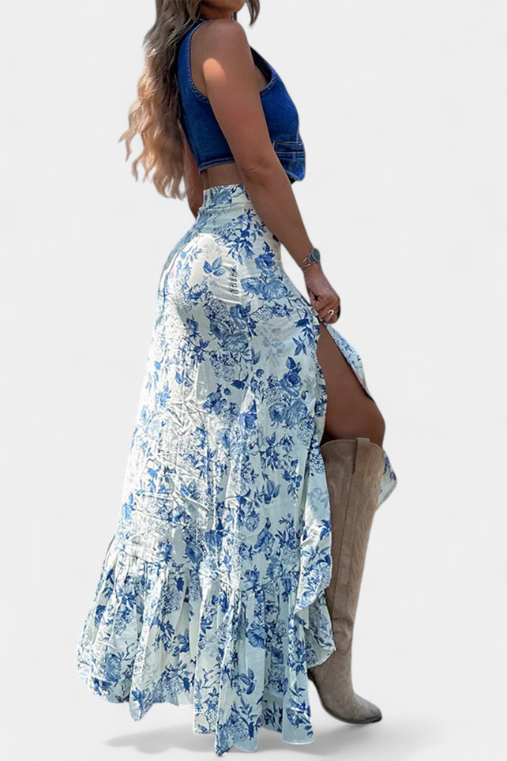 Falda Maxi Floral Kala con Abertura y Volantes