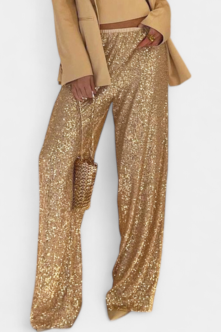 Pantalones de Lentejuelas de Cintura Alta Elva con Corte Relajado