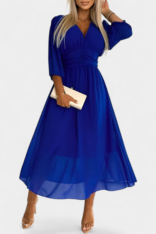 Vestido Midi Elegante Dorina con Escote en V y Mangas Livianas