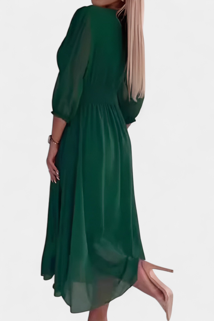 Vestido Midi Elegante Dorina con Escote en V y Mangas Livianas