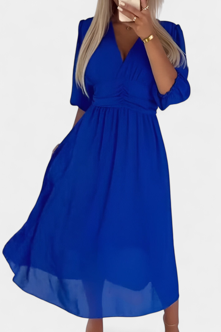 Vestido Midi Elegante Dorina con Escote en V y Mangas Livianas