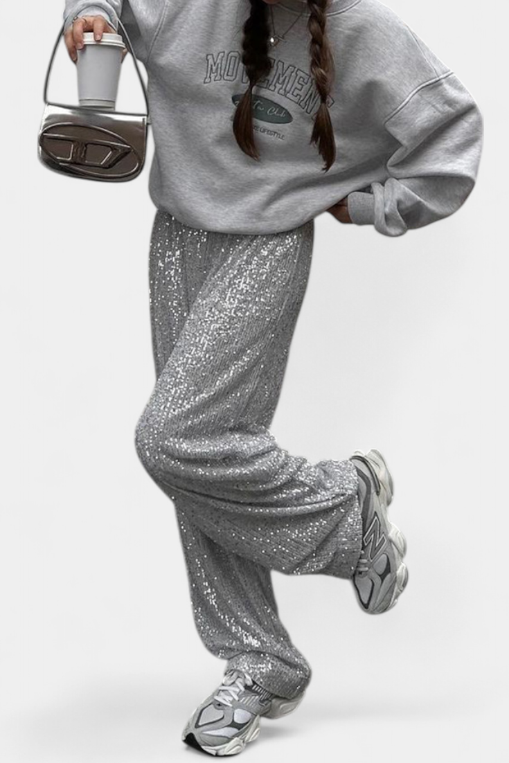 Pantalones de Lentejuelas de Cintura Alta Elva con Corte Relajado