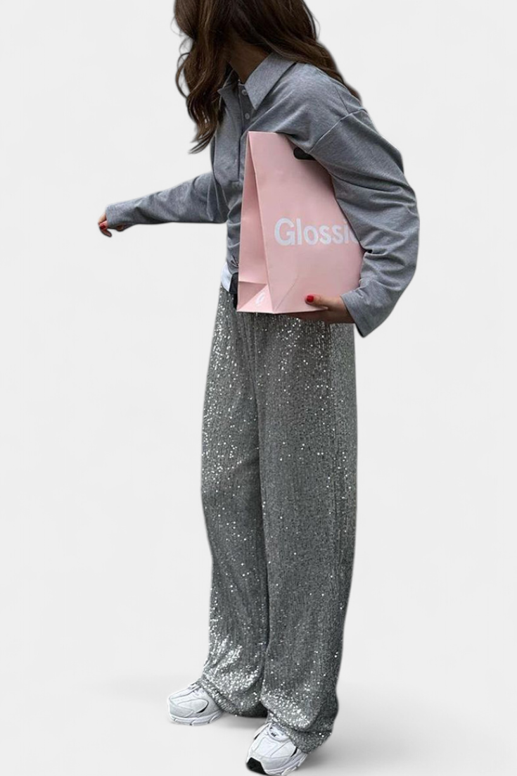 Pantalones de Lentejuelas de Cintura Alta Elva con Corte Relajado