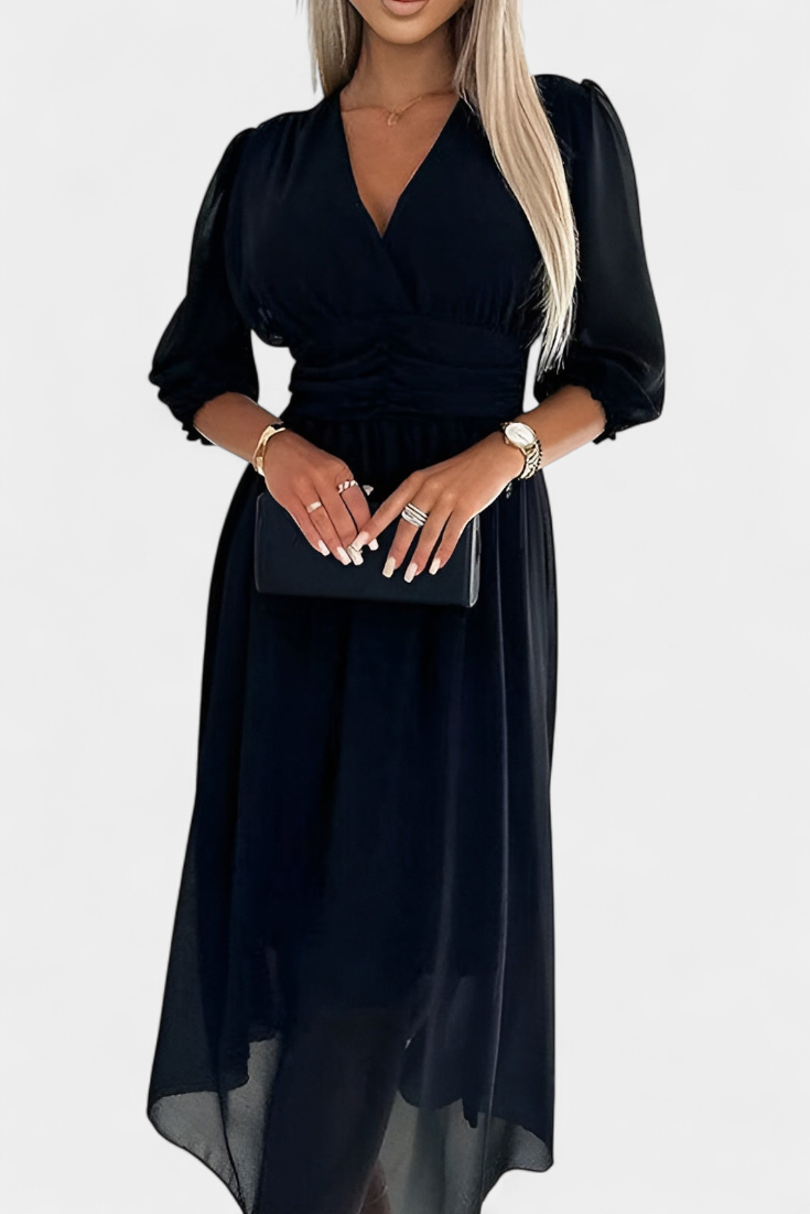 Vestido Midi Elegante Dorina con Escote en V y Mangas Livianas