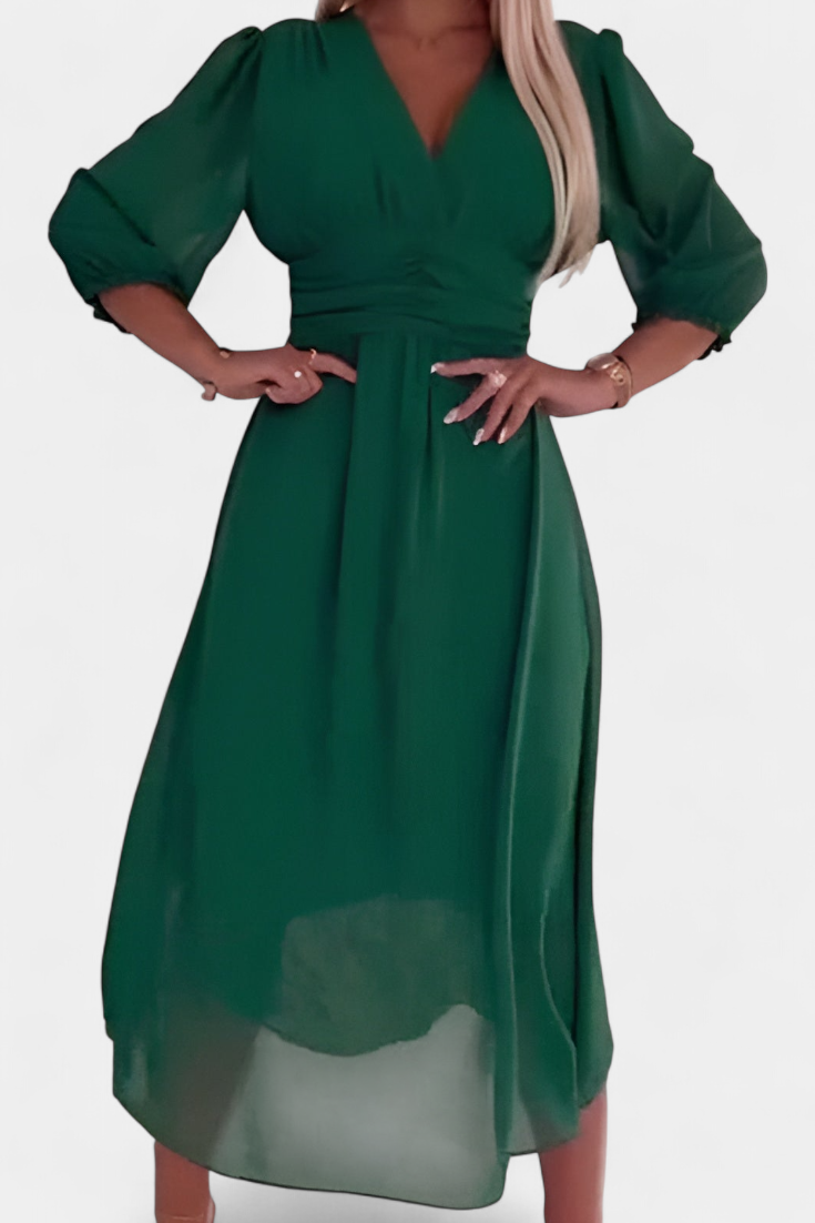 Vestido Midi Elegante Dorina con Escote en V y Mangas Livianas