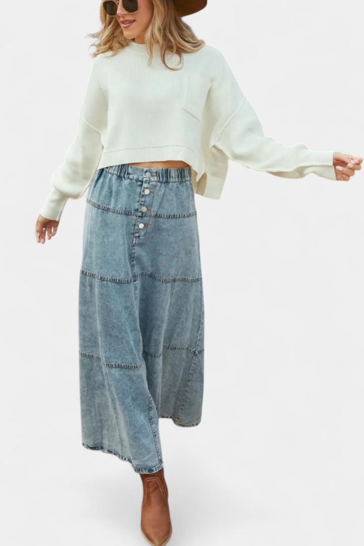 Falda Maxi de Denim Lorraine con Detalle de Plumas