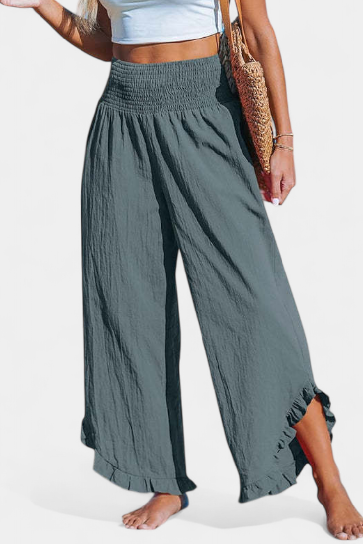 Pantalones Palazzo Justina con Volantes y Cintura Alta