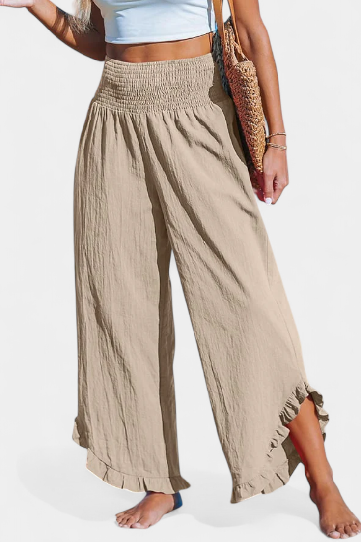 Pantalones Palazzo Justina con Volantes y Cintura Alta