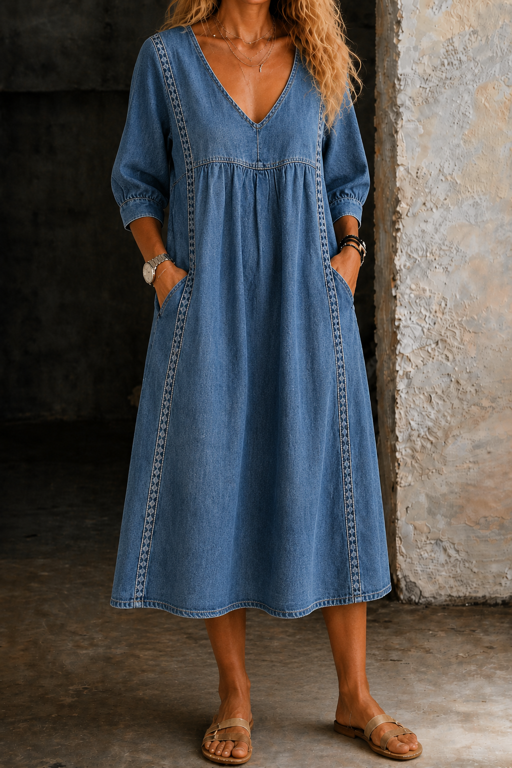 Teresa| Vestido holgado de denim vintage con detalles de encaje