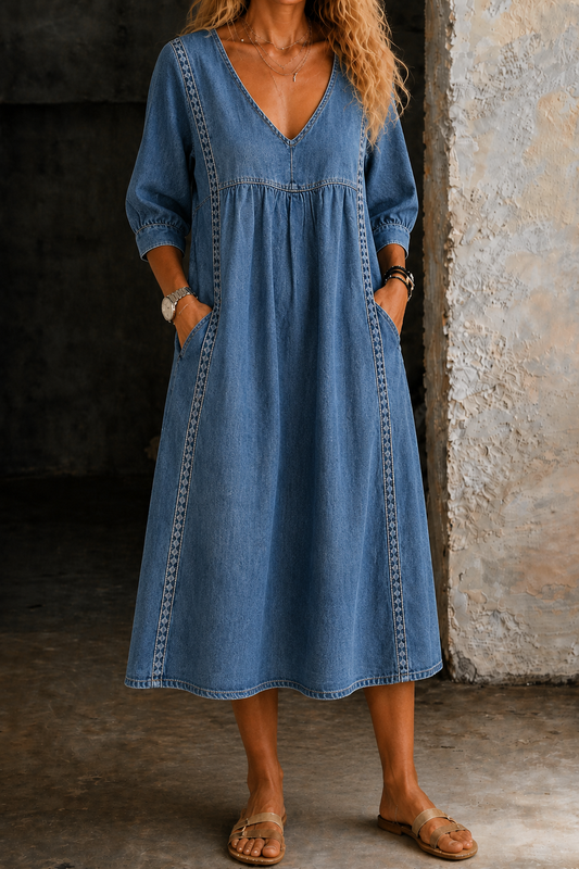 Teresa| Vestido holgado de denim vintage con detalles de encaje