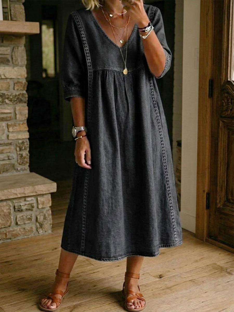 Teresa| Vestido holgado de denim vintage con detalles de encaje