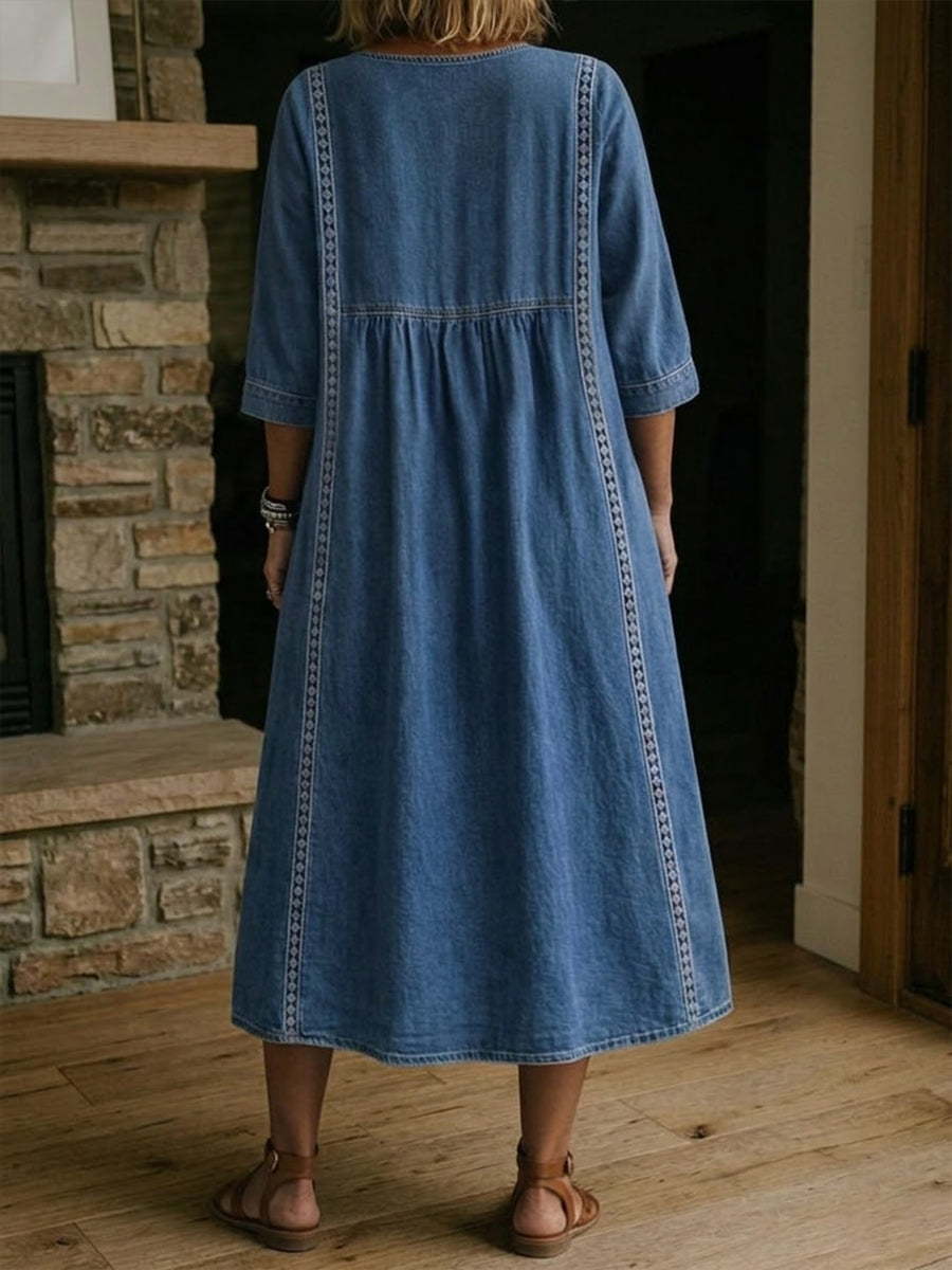 Teresa| Vestido holgado de denim vintage con detalles de encaje