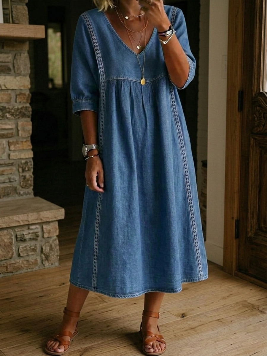 Teresa| Vestido holgado de denim vintage con detalles de encaje